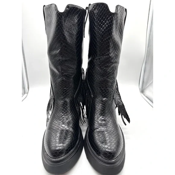Womens Black Gothic Faux Snakeskin Moto Biker Fringe Chunky Platform Boots 11/42 - Picture 2 of 9